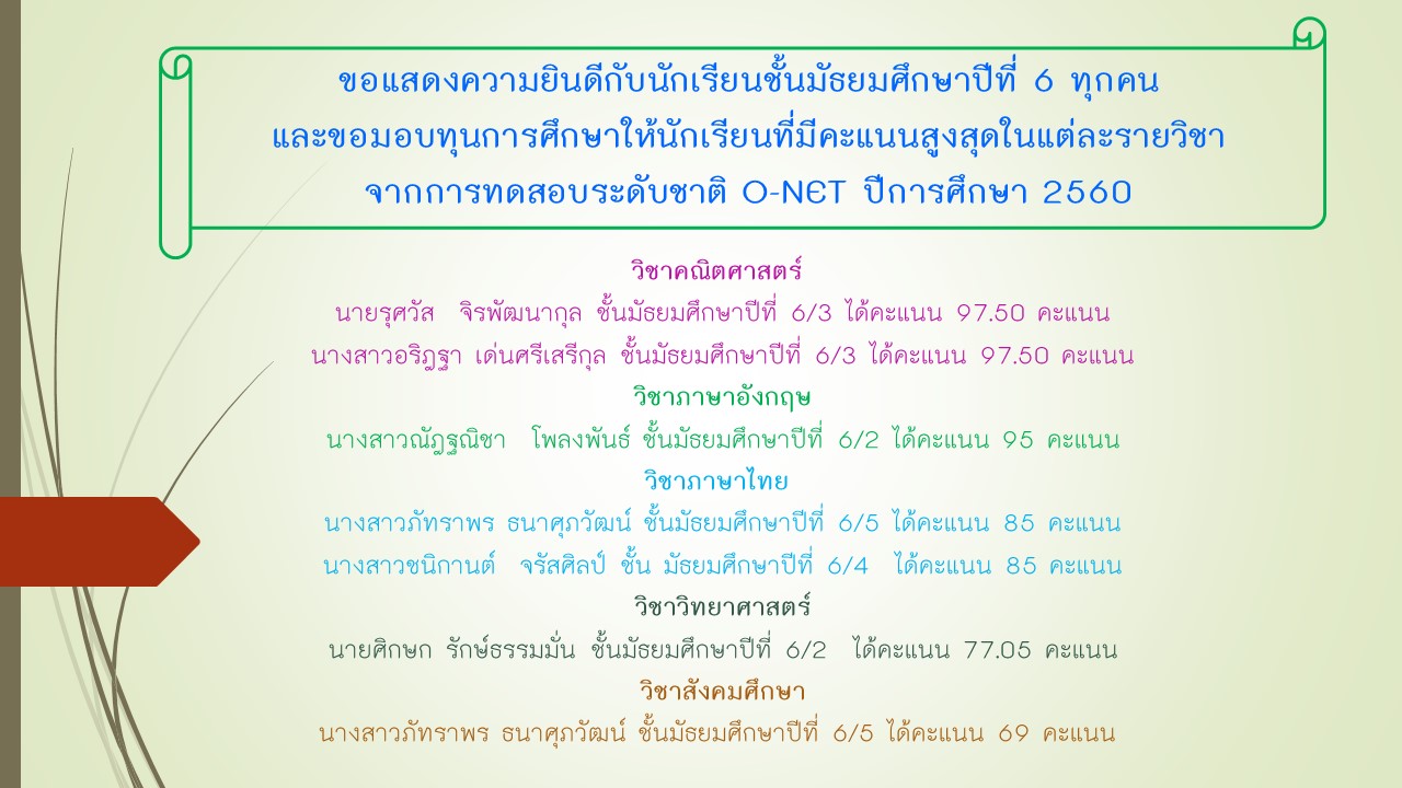 ขอแสดงความยินดีและมอบทุนการศึกษาให้นักเรียนที่มีคะแนนสูงสุดจากการทดสอบระดับชาติ O-NET