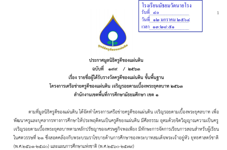 ขอแสดงความยินดีแก่ครูที่ได้รับรางวัลครูดีของแผ่นดิน ขั้นพื้นฐาน โครงการเครือข่ายครูดีของแผ่นดิน