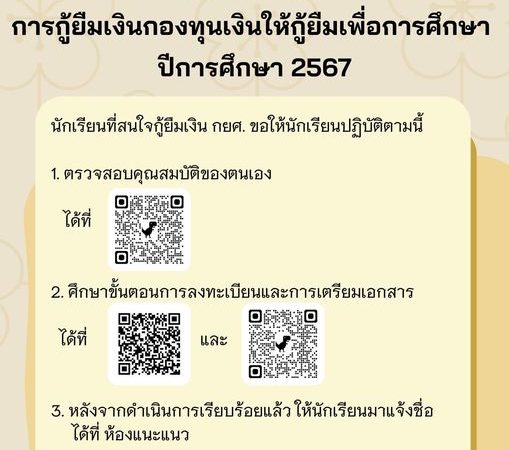 ประชาสัมพันธ์ เรื่อง การกู้ยืมกองทุนเงินให้กู้ยืมเพื่อการศึกษา ปีการศึกษา 2567